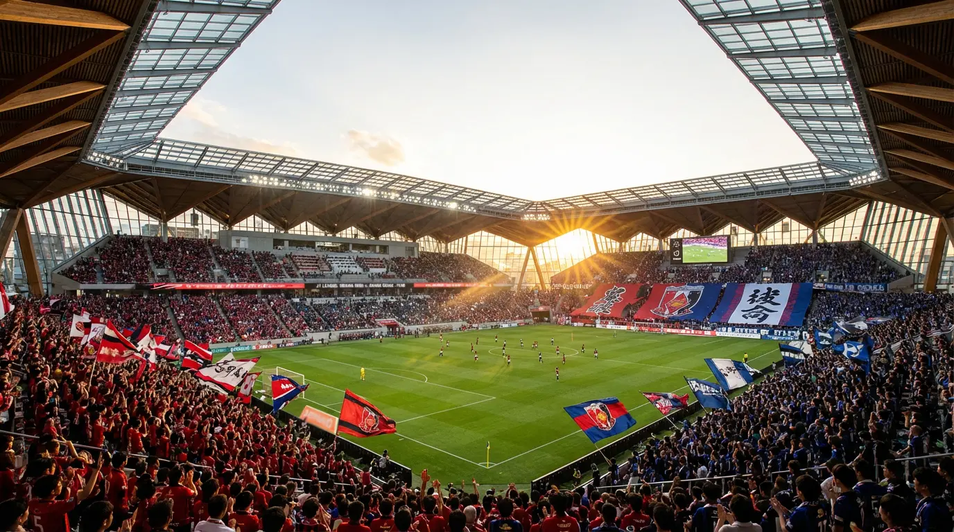 Estadio de J1 League durante una jornada con aficionados japoneses