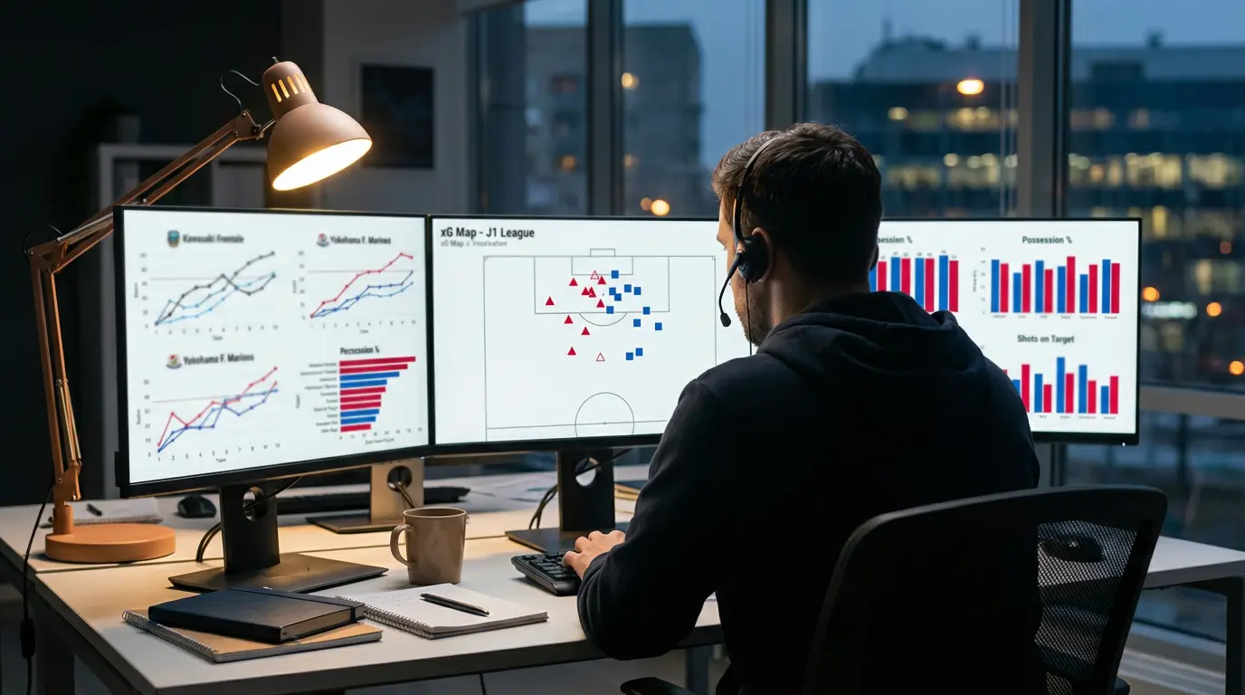 Analista revisando estadísticas avanzadas y métricas xG para partidos de J1 League